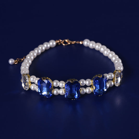 Crystal Rhinestone Pearl Cat Collar – Blue / M (27-35cm), angled view