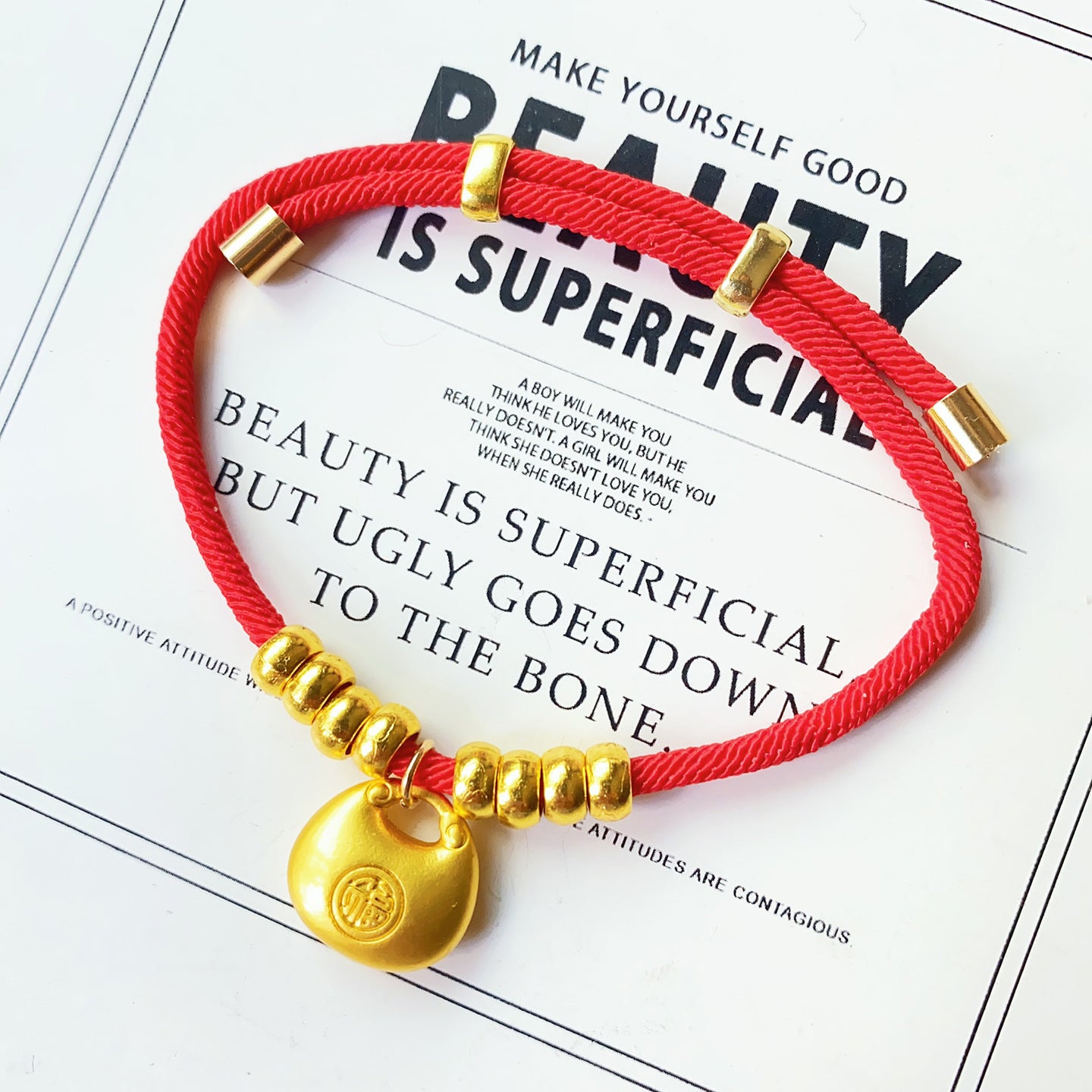 Longevity Lock Pet Collar - Red cord with gold padlock Fu charm on text background, adjustable lucky pet collar