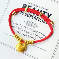 Longevity Lock Pet Collar - Red cord with gold padlock Fu charm on text background, adjustable lucky pet collar
