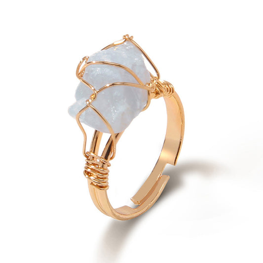 Raw Citrine Wire Ring – Raw moonstone wire wrapped in gold on white, healing gemstone ring