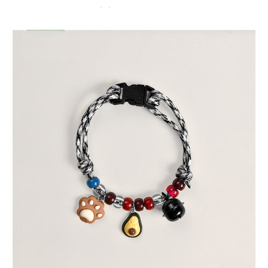 Lightweight Cat Collar – Gray speckled rope with paw, avocado & bell charms, adjustable pet necklace