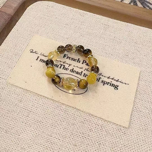 Citrine Tiger Eye Ring – Gemstone ring on script card, mixed citrine and tiger eye beads, adjustable feng shui ring
