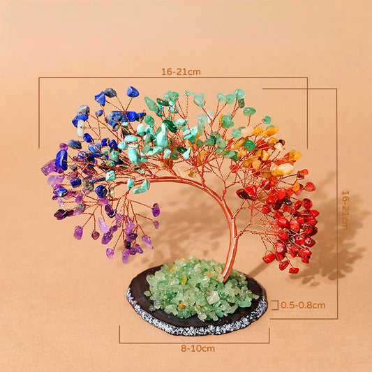 Chakra Crystal Tree – rainbow gemstone tree on agate slice base with green gravel, size chart overlay, chakra healing decor