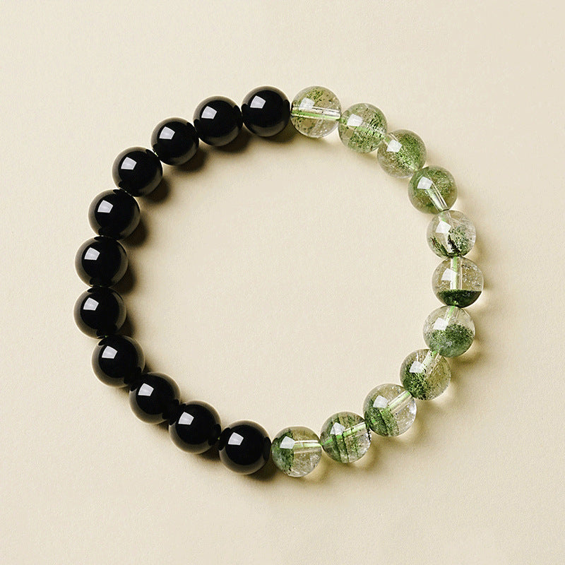 Obsidian Green Phantom Bracelet – flat lay on cream background showing obsidian and phantom quartz