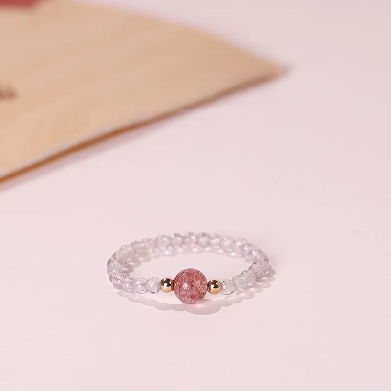 Strawberry Quartz Ring – Clear quartz bead ring with pink strawberry quartz center and gold spacers, love stone ring