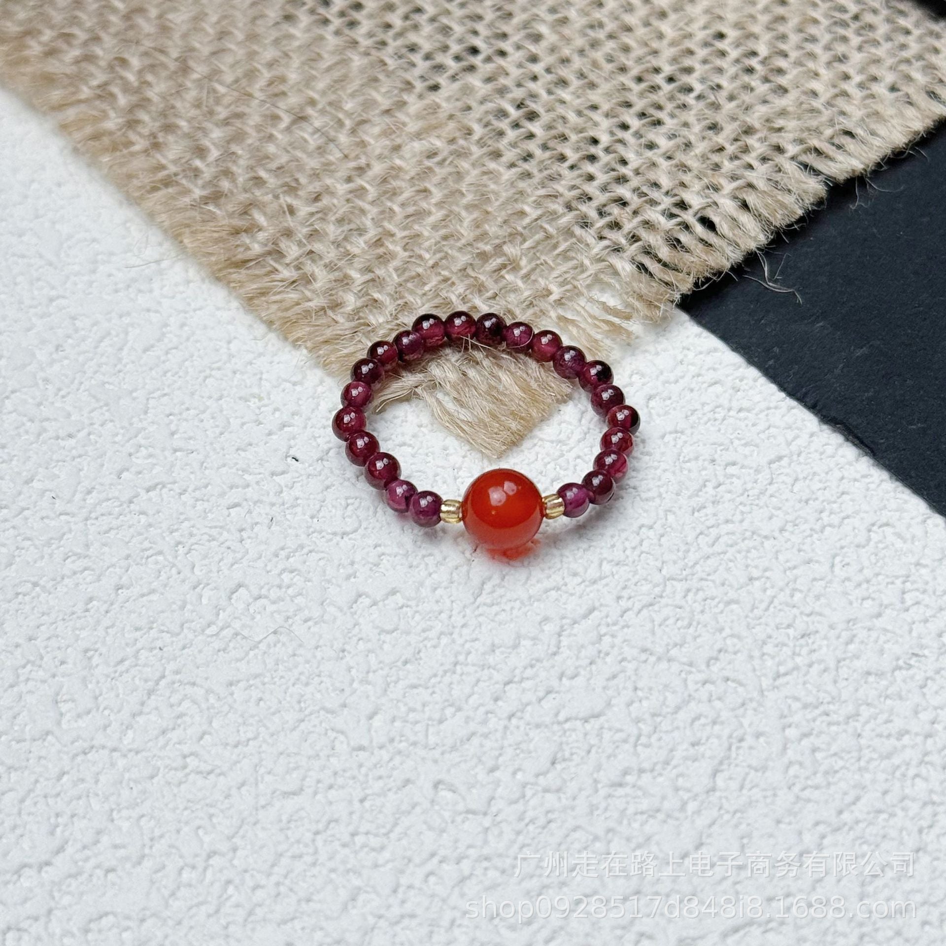 Tiger Eye Beaded Ring – Deep red beads with carnelian sphere on burlap, passion energy ring