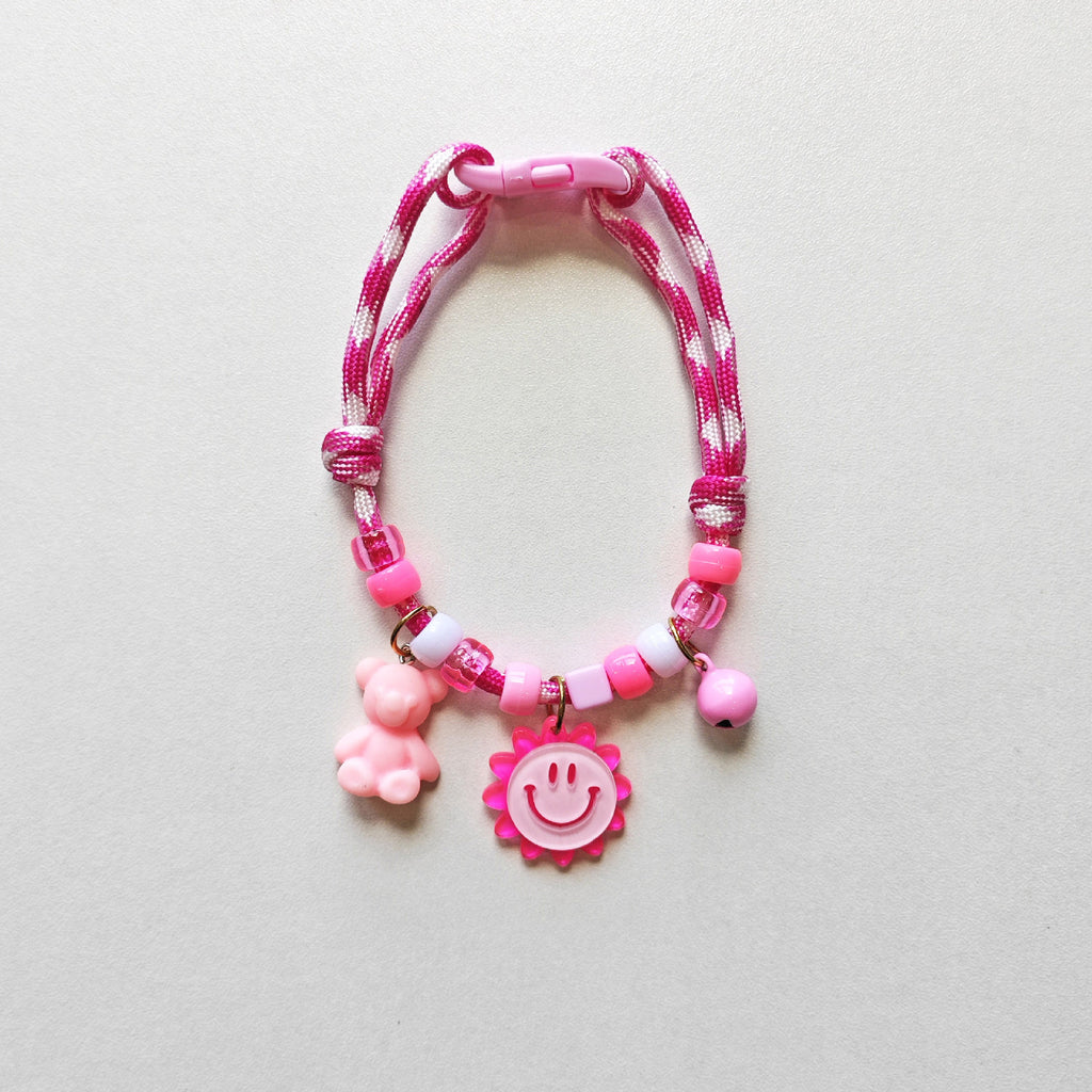 Cute Pet Collar – Pink-white rope with teddy bear, smiley sun & pink bell, kawaii pet necklace