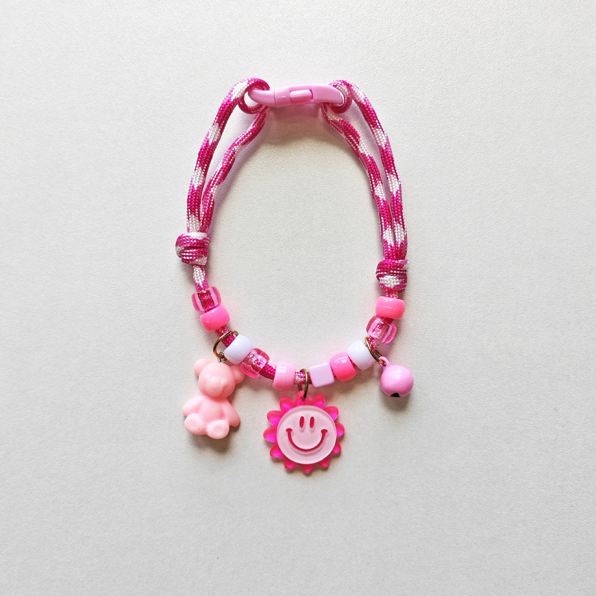 Cute Pet Collar – Pink-white rope with teddy bear, smiley sun & pink bell, kawaii pet necklace