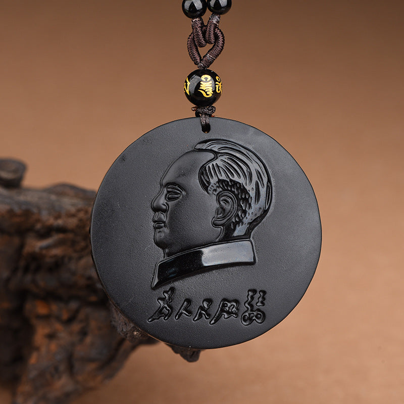 Obsidian Pendant – round portrait disc, profile head carving with calligraphy text, commemorative style obsidian pendant