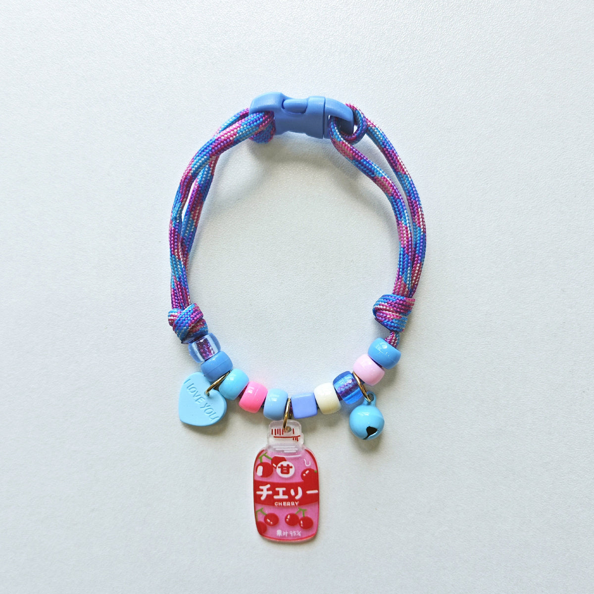 Cute Pet Collar – Blue-purple rope with love you heart, cherry bottle & blue bell, kawaii pet collar