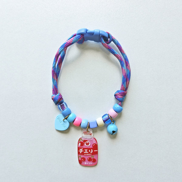 Cute Pet Collar – Blue-purple rope with love you heart, cherry bottle & blue bell, kawaii pet collar