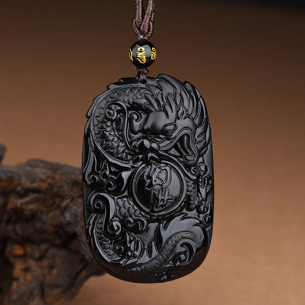 Obsidian Pendant – rectangular dragon pearl plaque, dragon playing flaming jewel cloud motif, prosperity power obsidian charm
