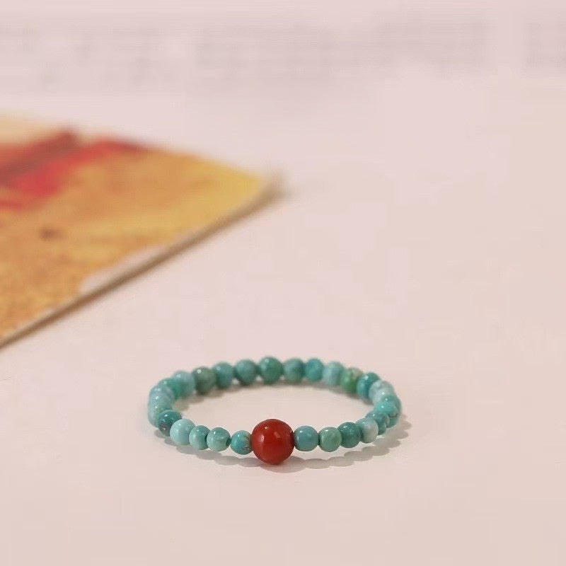 Turquoise Carnelian Ring – Turquoise bead ring with red carnelian center and gold accents, vitality stone ring