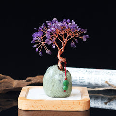 Citrine Money Tree – Purple amethyst in green ceramic pot, desk wealth decor