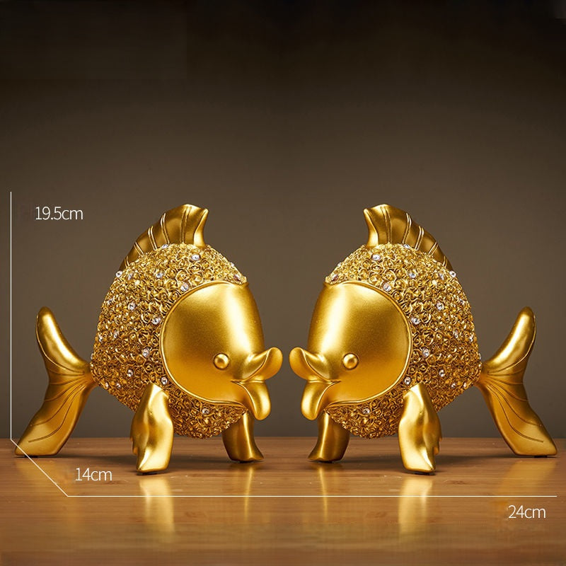 Lucky Goldfish Statue – golden fish pair with size dimensions 19.5cm 24cm displayed, statue measurements