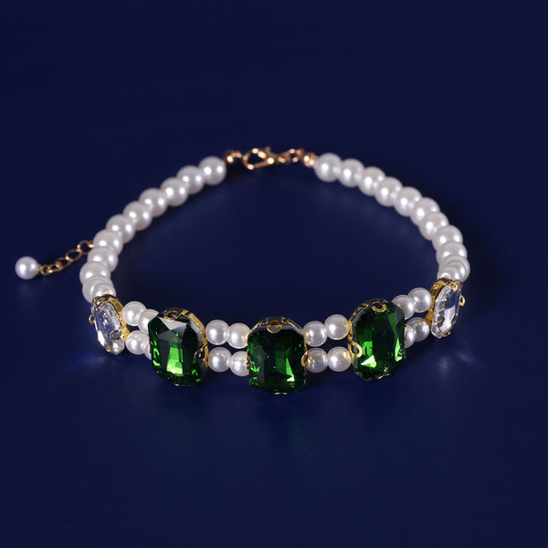 Crystal Rhinestone Pearl Cat Collar – Green / S (21-29cm), side view