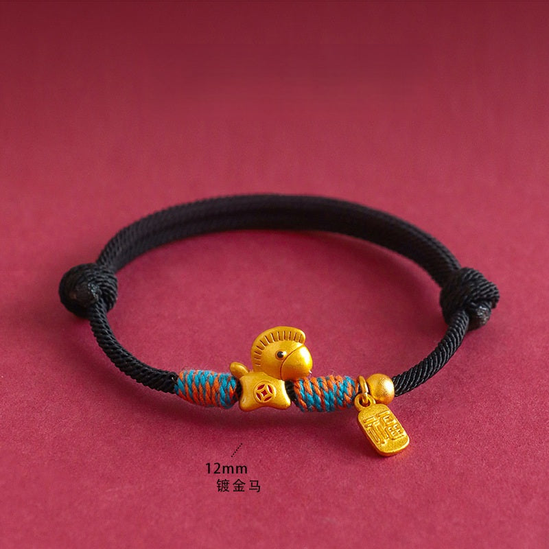 Year of the Horse Bracelet – Black cord gold horse charm with Fu tag on red, Chinese zodiac