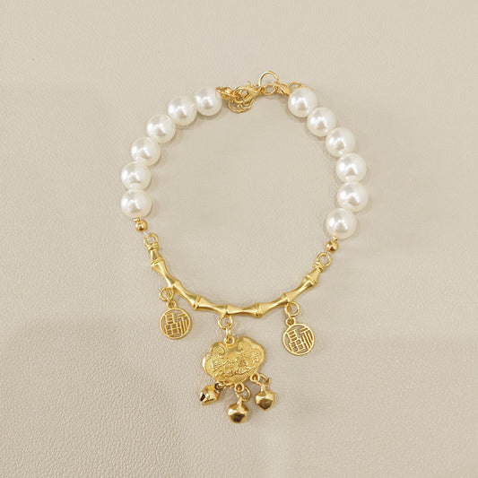 Chinese Pet Collar – Pearl beads with gold bamboo bar, fu character tags & bells, fortune necklace