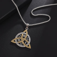 Celtic Moon Star Necklace – two-tone silver gold triquetra pendant on black, Celtic knot necklace