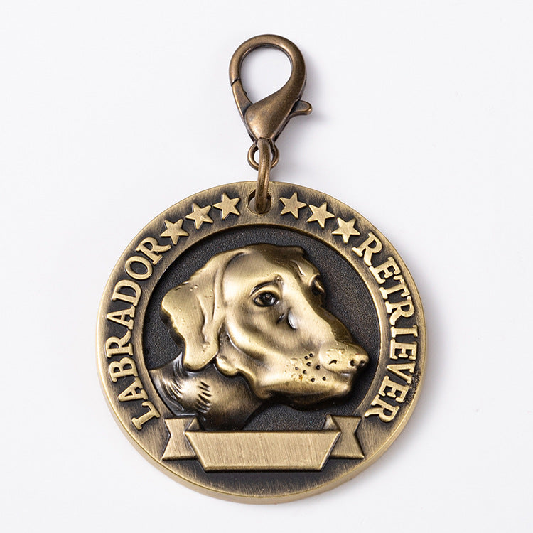Antique Bronze Dog Tag – Labrador Retriever 3D relief profile, engraved stars, custom pet ID medallion