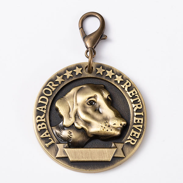 Antique Bronze Dog Tag – Labrador Retriever 3D relief profile, engraved stars, custom pet ID medallion