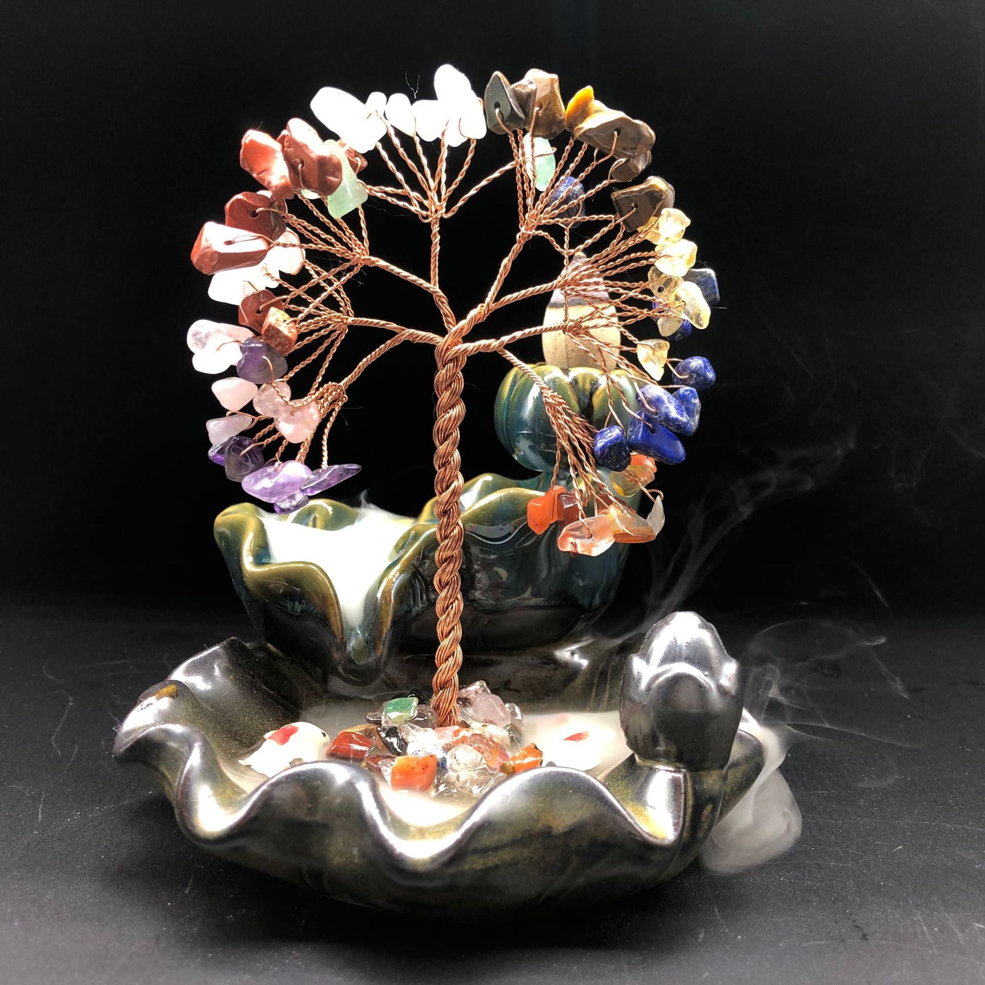 Crystal Tree Incense Burner – front view copper tree with amethyst on glazed lotus base, cascading smoke, black background, altar decor