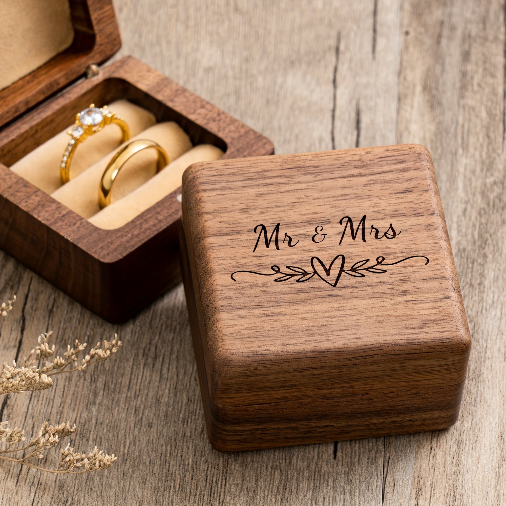 Walnut Wood Ring Box – Mr & Mrs with heart flourish engraving, elegant wedding