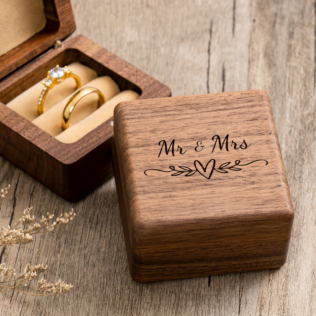 Walnut Wood Ring Box – Mr & Mrs with heart flourish engraving, elegant wedding
