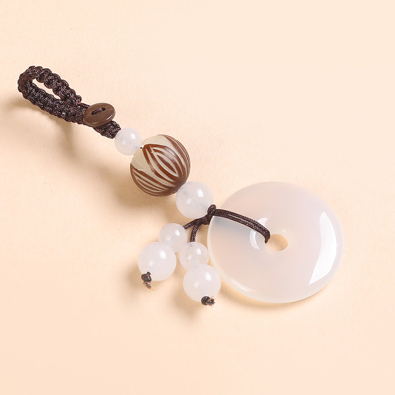 Agate Chalcedony Safety Knot Keychain – white agate with brown striped lotus bead and white beads