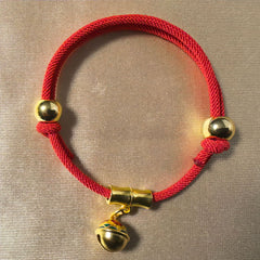 Feng Shui Bell Collar - Red cord bracelet with gold bell and bamboo connector, adjustable feng shui pet necklace