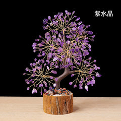 Colorful Crystal Wealth Tree – Purple amethyst on wood base, spiritual decor