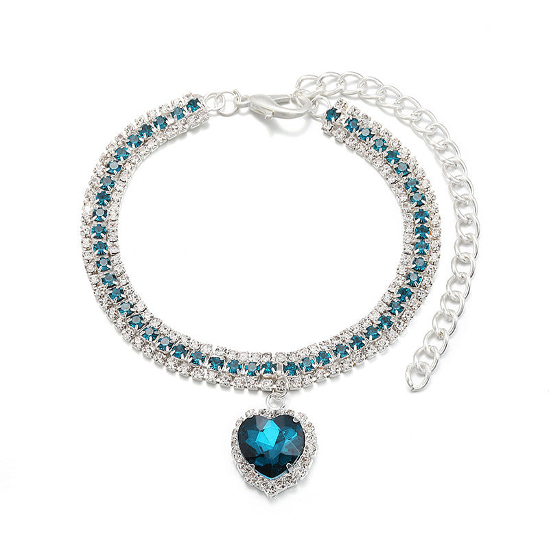 Crystal Pet Collar – Teal blue 3-row rhinestone band with heart pendant, silver chain, elegant cat necklace