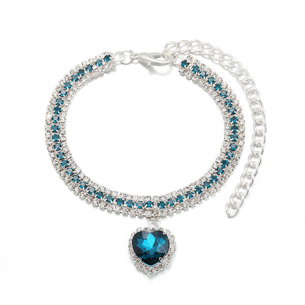 Crystal Pet Collar – Teal blue 3-row rhinestone band with heart pendant, silver chain, elegant cat necklace