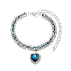 Crystal Pet Collar – Teal blue 3-row rhinestone band with heart pendant, silver chain, elegant cat necklace