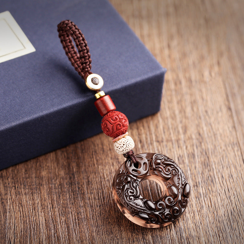 Pixiu Obsidian Keychain – carved cinnabar bead and bodhi seed accent with pixiu disc, protection keychain