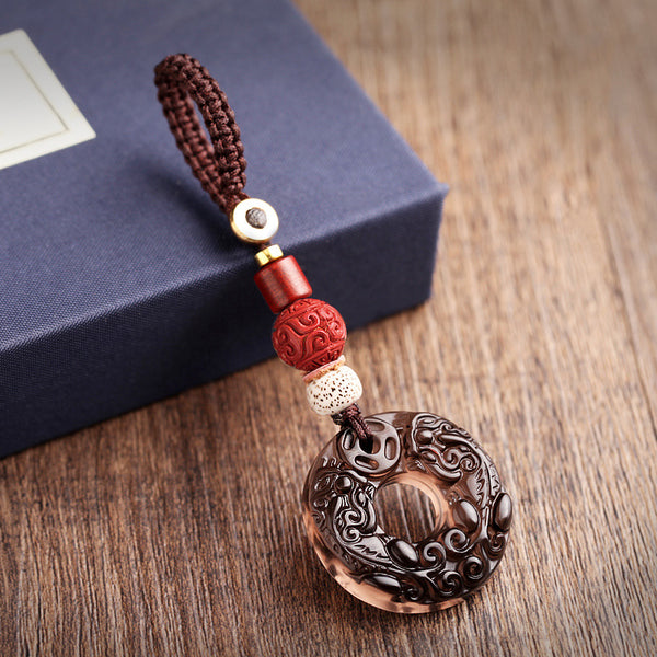 Pixiu Obsidian Keychain – carved cinnabar bead and bodhi seed accent with pixiu disc, protection keychain