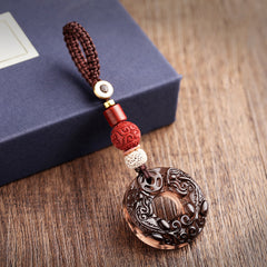 Pixiu Obsidian Keychain – carved cinnabar bead and bodhi seed accent with pixiu disc, protection keychain