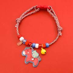 Year of Horse Collar – Red-blue rope with coral horse, lucky tag & yellow bell, zodiac pet necklace