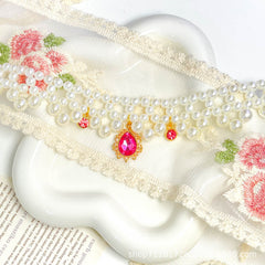 Luxury Pearl Pet Necklace - AB crystal teardrop pendant with pearl strands on lace and ceramic dish, crystal energy collar