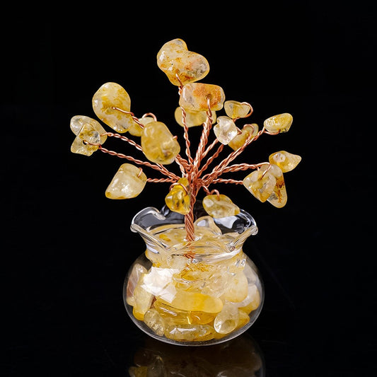 Mini Wealth Tree – citrine yellow crystal tree in glass pot, copper wire trunk, black background, abundance ornament
