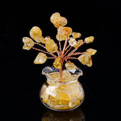 Mini Wealth Tree – citrine yellow crystal tree in glass pot, copper wire trunk, black background, abundance ornament