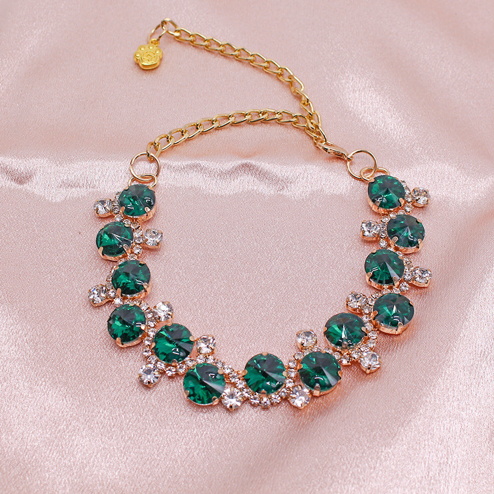 Princess Crystal Pearl Pet Collar – emerald green crystal statement collar, gold prong settings, pink satin