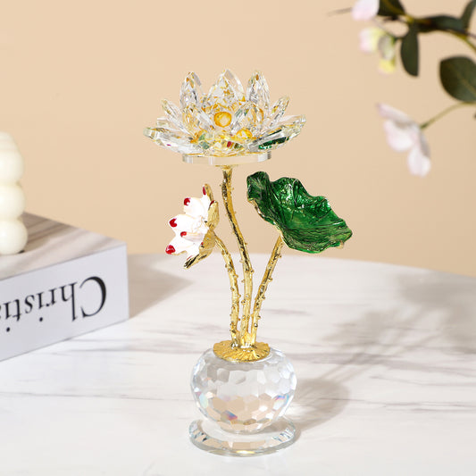 Crystal Lotus – yellow crystal lotus flower with gold stem, white bud accent, crystal base, elegant feng shui decor