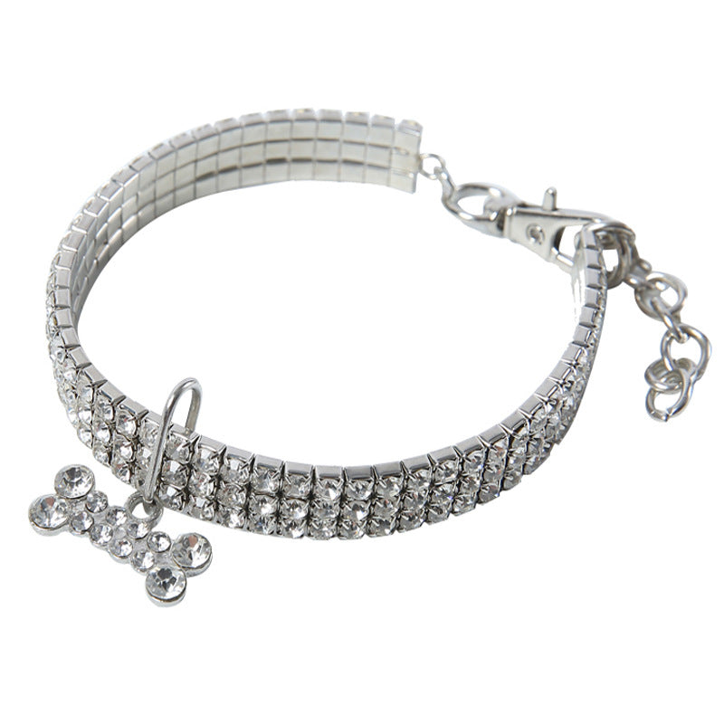 Crystal Elastic Pet Collar – Clear rhinestone stretch band with silver bone charm, 3-row sparkle dog necklace