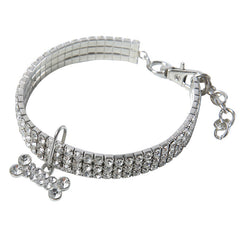 Crystal Elastic Pet Collar – Clear rhinestone stretch band with silver bone charm, 3-row sparkle dog necklace