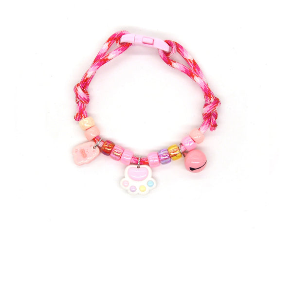 Adjustable Cat Collar – Pink-white rope with paw heart, pastel paw & pink bell, cute pet necklace