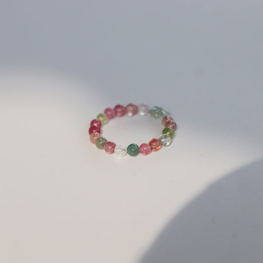 2mm Citrine Ring – Colorful tourmaline tiny beaded ring with pink green clear beads on white, crystal stacking ring