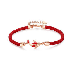 Koi Bracelet – red cord with rose gold koi fish charm and heart-shaped chain extender