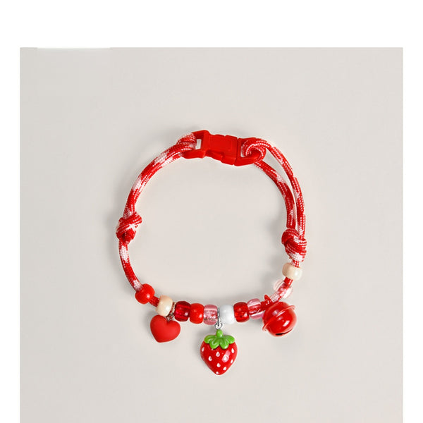 Breathable Cat Collar – Red marbled rope with heart, strawberry & bell charms, cute adjustable collar