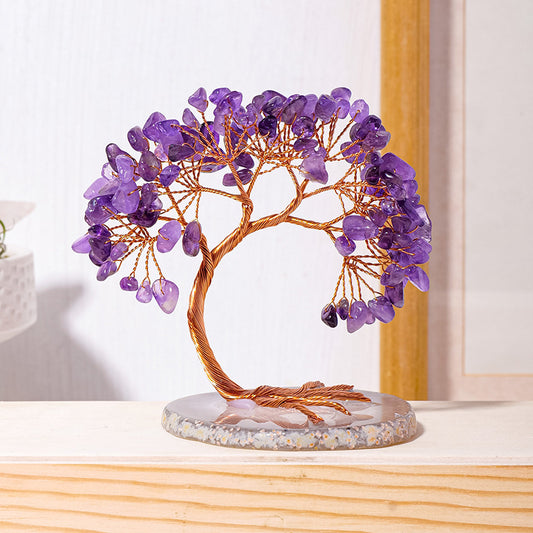 Chakra Crystal Tree – amethyst purple gemstone tree on agate base, copper wire branches, white room shelf display